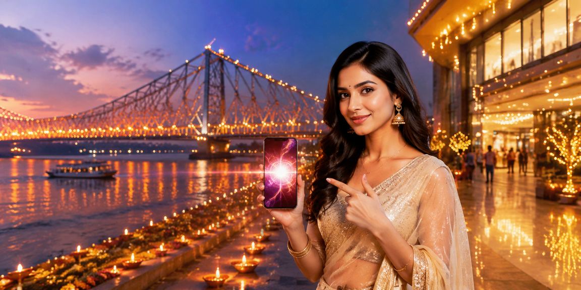 Diwali festival themed Kolkata Howrah Bridge with digital payment use